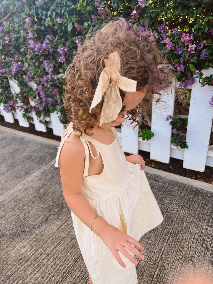 Girls Linen shoulder tie dress Minimefit Girls Linen shoulder tie dress Minimefit