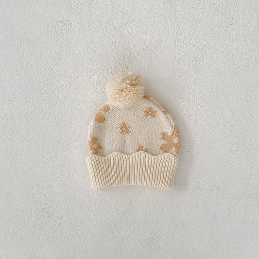 Flower knit Pom Pom hat