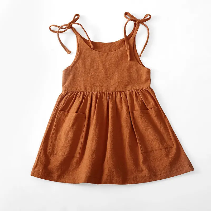 Girls Linen shoulder tie dress